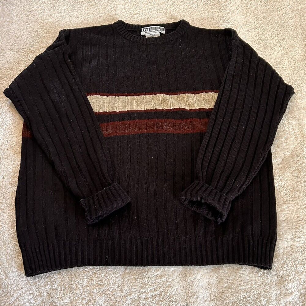 Vintage Untied Sweater Large Striped Ribbed Crew Neck Navy Blue Burgundy Y2K